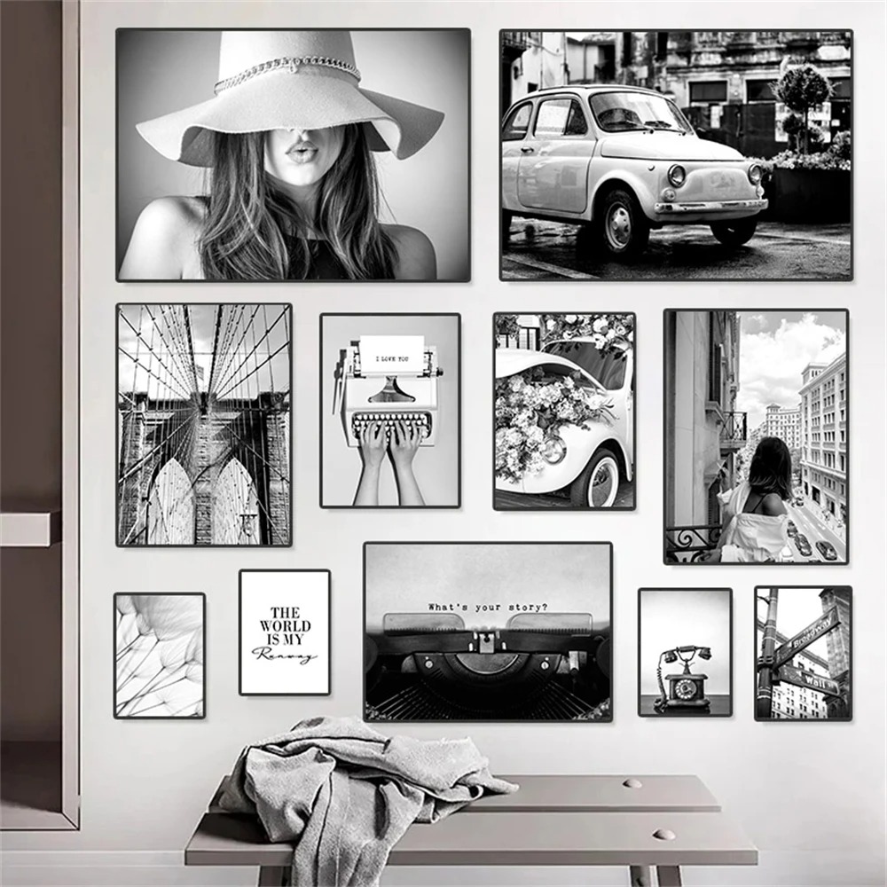 Interior Design Sketch - Retro Telefon Schreibmaschine Auto Ölgemälde schwarz