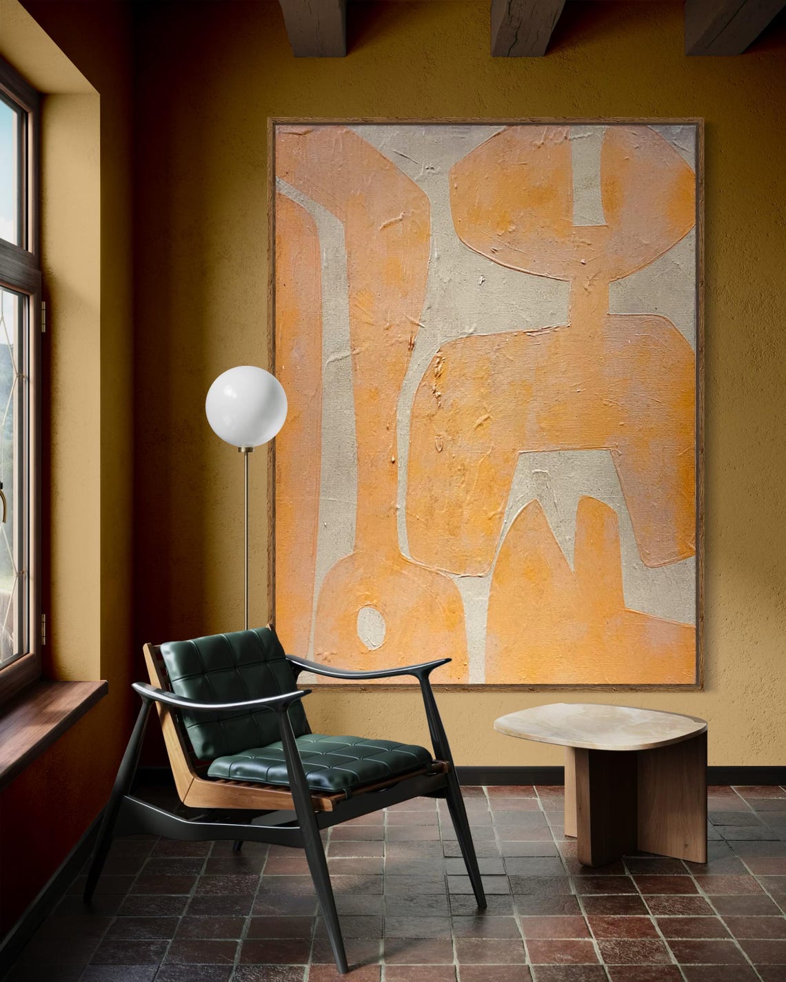 Interior Design Sketch - Großes abstraktes strukturiertes handgefertigtes Gemälde senfgelbes
