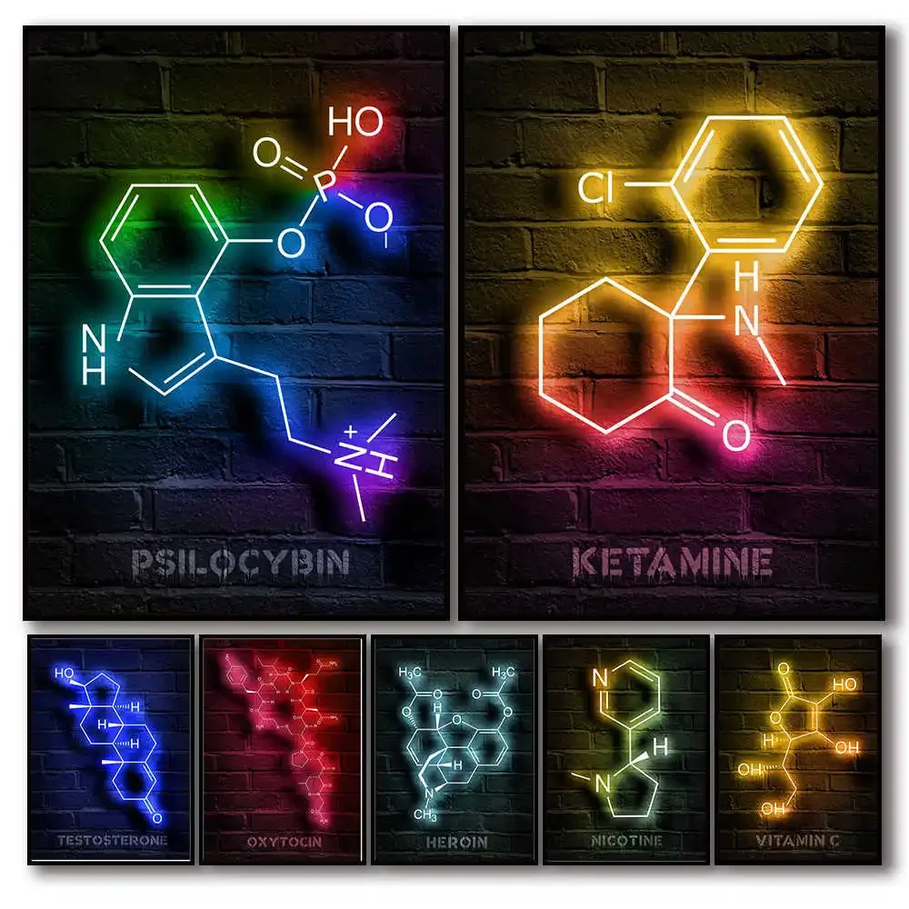 Interior Design Lab - Moderne Chemielabor-Moleküle, Neon-Poster, Kunst-Leinwanddruck für stilvolle