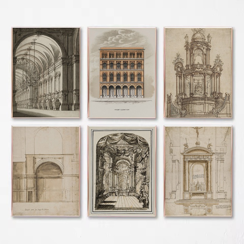 Interior Design Sketch - Vintage-Zeichnung, Skizze, geometrische Architektur, Kirchenkuppel, ästhetisches