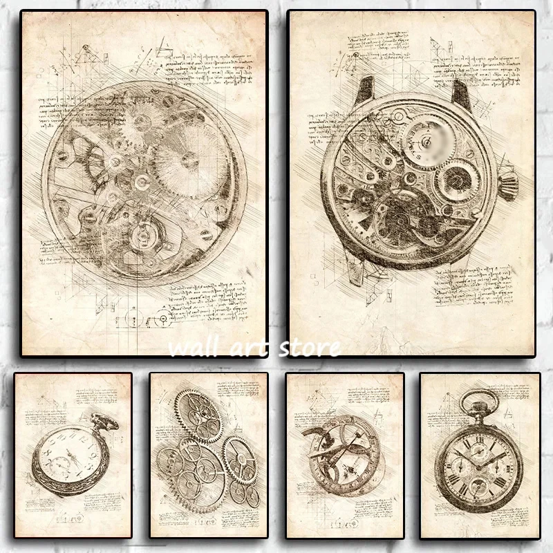 Vintage Uhr Skizze Poster Gang – Interior Design Sketch Bewertung und Preis